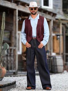 Manfinity Nomadique Men's Solid Color Open Front Casual Western Style Fringe Vest - Burgundy - View 4