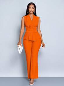 SOLERSUN 女款杏色优雅V领长袖T恤阔腿裤两件套不对称下摆两件套日常休闲女装春夏无袖短袖 - 橘色 - 查看 7