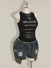 SHEIN ICON 大码 Y2K 风格透视做旧性感吊带背心 - 黑色 - 查看 7