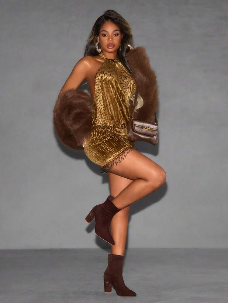 CUCCOO SZL Women's Fashionable Versatile Commuter Rhinestone Decor Chunky High Heel Ankle Boots For Christmas