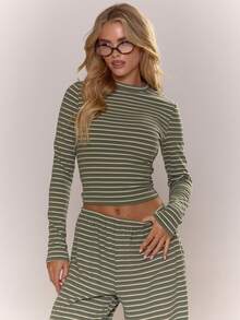 MUSERA Striped Fitted Long Sleeve Crew Neck Top Fall Autumn Cosy Cute Casual Coffee Club Elegant Spring Summer - Green - View 2
