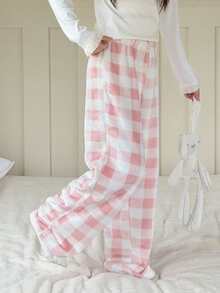 DAZY Tween Girl Plaid Pattern Elastic Waist Fluffy Wide Leg Pajama Pants, Autumn/Winter - Pink - View 1