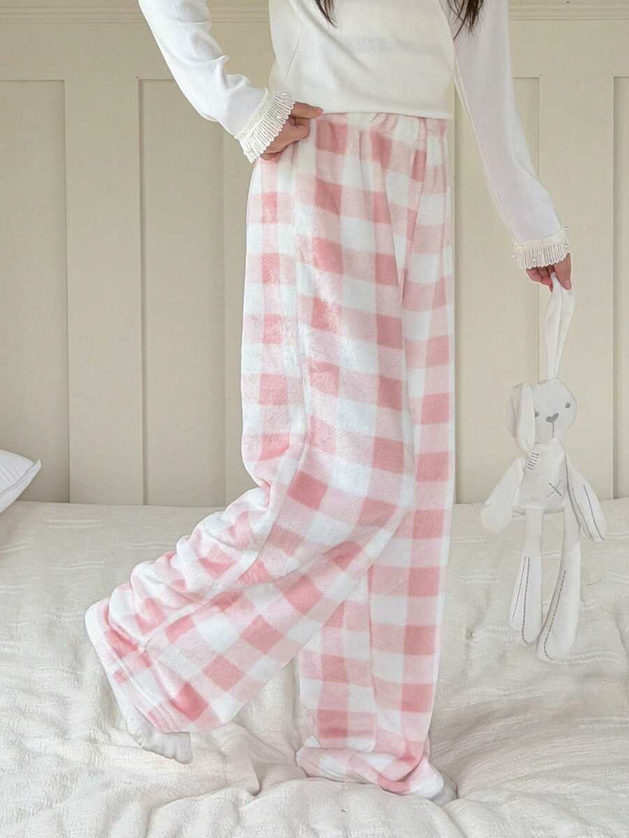 DAZY Tween Girl Plaid Pattern Elastic Waist Fluffy Wide Leg Pajama Pants, Autumn/Winter - Pink - View 1
