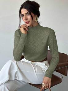 Firerie Áo len nữ thanh lịch, thoải mái, cổ cao, tay dài, nhiều màu sắc, dáng rộng, đa năng, thích hợp mặc đi làm, mùa thu, đông, kiểu áo dễ phối đồ, phù hợp cho giáo viên. - Màu xanh Ô liu - Xem 3