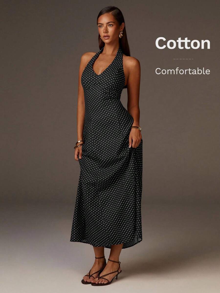 Athîral 女士时尚休闲波点印花吊带连衣裙 - 黑色 - 查看 1