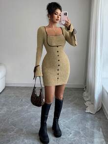 Modelyn Women's Butterfly Tie Elegant Short Dress, Autumn/Winter - Khaki - View 8