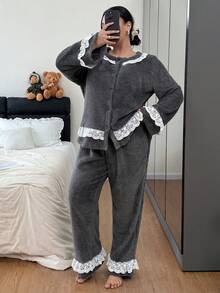 Dream Adore 2pcs Plus Size Flannel Lace Decor Long Sleeve Pajama Set, Fluffy Winter Clothes - Grey - View 3