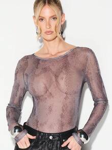 KIZN 透视蛇纹印花长袖连体衣，网纱质感，适合晚宴、夜店、秋冬叠穿 - 彩色 - 查看 5