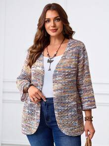 Miaspire Plus Size Vacation Casual Colorful Floral Mesh Pointelle Knit Open Front 3/4 Sleeve Fitted Cropped Coat For Women, Suitable For Early Autumn Knitted Coat For  Country Concert Boho ,Spring - Multicolor - View 1