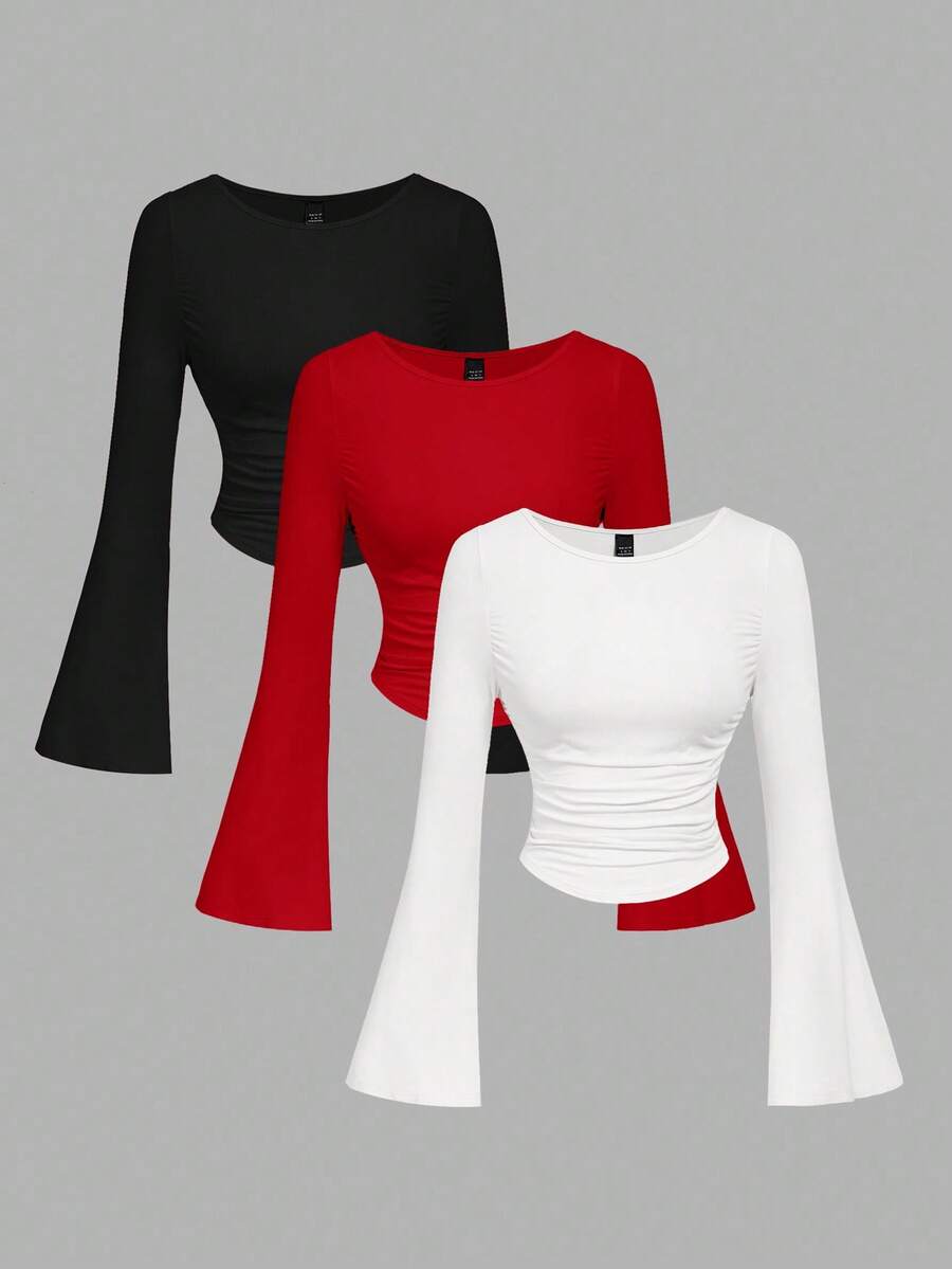 SHEIN MOD 3pcs Women Casual Solid Color Bell Sleeve Ruched T-Shirts - Red and White - View 1