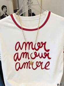 Resyla Women's Casual Letter Print Striped Patchwork T-Shirt, Summer - White - View 3