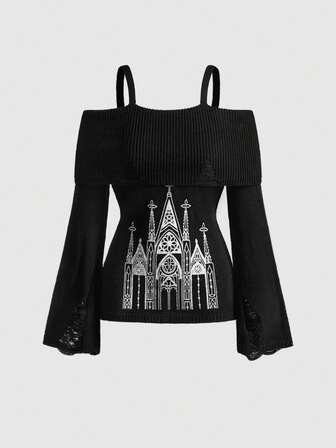 Goth Suéter casual de mujer con cuello vuelto, hombros descubiertos, tirantes finos, estampado de castillo oscuro y mangas acampanadas