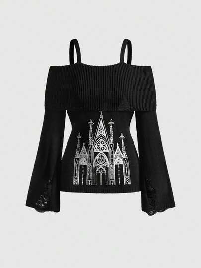 Goth Suéter casual de mujer con cuello vuelto, hombros descubiertos, tirantes finos, estampado de castillo oscuro y mangas acampanadas