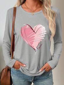 SHEIN 情人节粉色爱心时尚英文休闲舒适外出修身家居时尚秋冬春季休闲外出长袖打底印花T恤女式春季上衣 - 灰色 - 查看 3