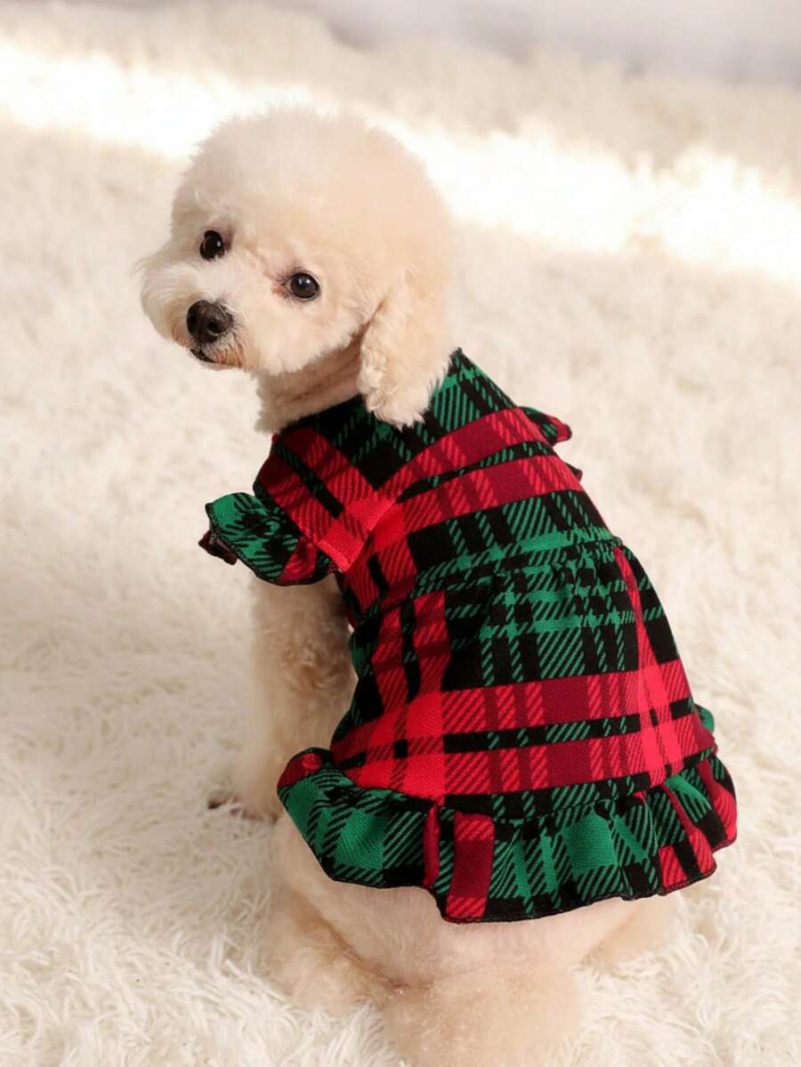 PETSIN 1pc Christmas Pet Red & Green Plaid Puff Sleeve Dress - Multicolor - View 1