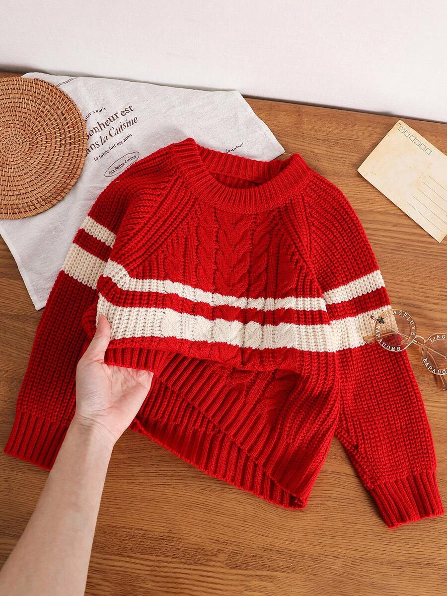 SHEIN Genkimix Kids 幼儿男女童休闲撞色条纹提花舒适百搭圆领长袖针织衫