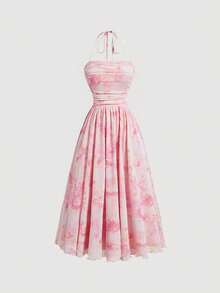 SHEIN MOD Pink Elastic Mesh Tie Dye Printed Front Pleated Summer Women Dress,Valentine Outfits - Pink - View 1