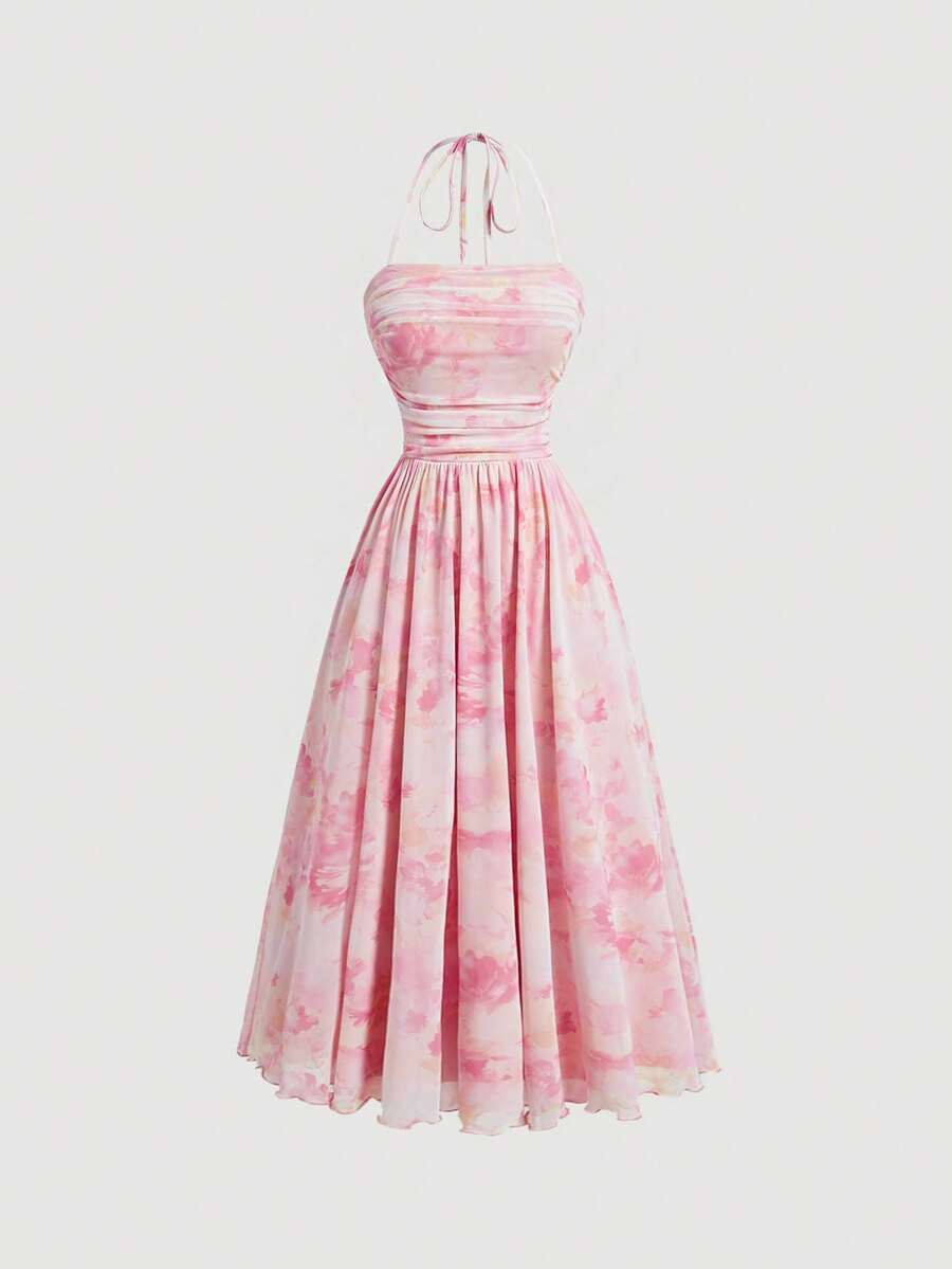 SHEIN MOD Pink Elastic Mesh Tie Dye Printed Front Pleated Summer Women Dress,Valentine Outfits - Pink - View 1