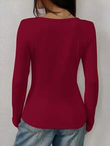 INAWLY Camiseta de manga larga de unicolor casual para mujer, versátil para el otoño - Burdeos - Ver 2