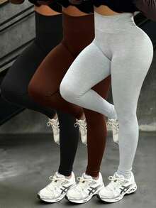 INAWLY 3件套 女士纯色高腰修身休闲运动瑜伽裤 - 彩色 - 查看 4