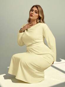 Auralis Asymmetric Irregular Fitted Commuter Elegant Minimalist Women Long Dress/Plus Size Women Autumn Spring Commuter Casual Outdoor Yellow Waist Flared Ruched Collar Design Long Dress, Suitable For Valentine's Day, Concert, Performance, Date, Formal Banquet, Prom, Wedding Season, Sexy, Elegant, Commuter, Back To School, Vacation, Beach, Romantic, Office Lady, Mermaid Style, Birthday Party, Valentine Outfits For Women - Yellow - View 7