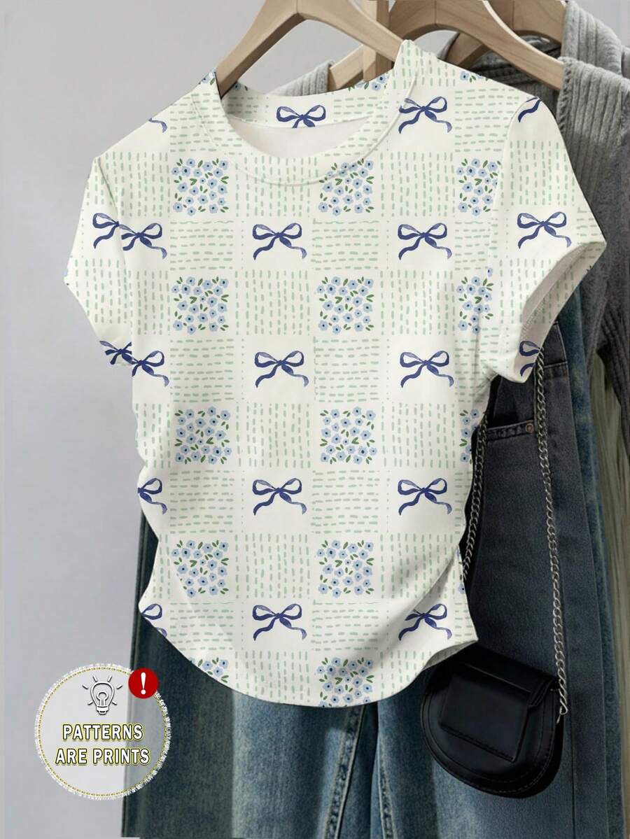 Resyla Camiseta Feminina de Manga Curta com Gola Redonda, Cintura Franzida e Estampa Floral Miúda com Laço - Multicolorido - Visão 1