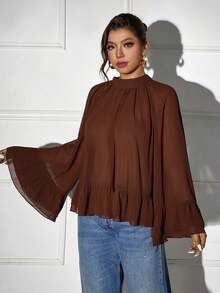 Femmeverse Plus Size Women Layered Ruffle Trim Long Sleeve Casual Top, Elegant Style For Holiday Fall - Coffee Brown - View 4