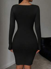 EMERY ROSE V-Neck Fitted Casual Versatile Long Sleeve Sweater Dress - Black - View 2