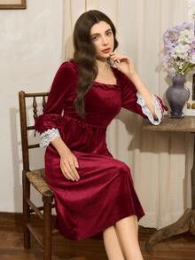 Côtesoire 法式優雅對比色蕾絲與天鵝絨女款睡袍，Moo Moo 睡裙女款睡衣女用睡裙天鵝絨睡袍 - 酒紅色 - 查看 5