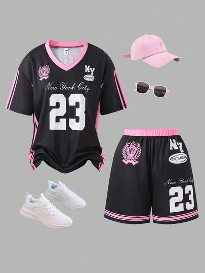 Sparklyn Conjunto informal de 2 piezas de camiseta de cuello en V con estampado gráfico + shorts de estilo juvenil y deportivo para adolescentes, corte holgado