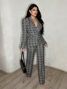SHEIN SXY 女士千鸟格纹长袖西装外套、单排扣马甲和长裤三件套，优雅套装，格子两件套，裤装套装，女士西装套装，女士套装，外出套装，女士套装，格子两件套 - 彩色 - 查看 4