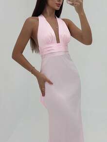 Aloruh Women's Deep V-Neck Ruched Waist Party Dress, Pink, Valentine's Day - Pink - View 4