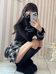 FRIFUL Áo thun nữ cổ tròn tay dài viền bèo nhún đa năng thường ngày - Xám - Xem 7