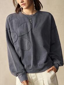 Bohemela 女士休闲纯色针织圆领刺绣宽松长袖卫衣，秋冬女装，灰色卫衣，宽松卫衣 - 灰色 - 查看 4