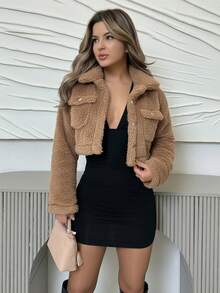 Jemour Chaqueta corta de tipo teddy con bolsillo con solapa para otoño/invierno - Caqui - Ver 1