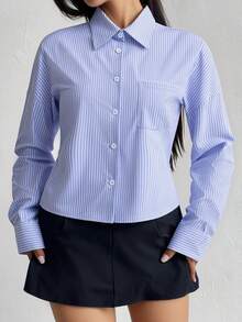 Franclia Camisa holgada de manga larga a rayas azules y blancas, de estilo casual de otoño para mujeres, elegante, de moda, casual, para ir a la oficina, diaria, de ocio, versátil, urbana, profesora, atuendo profesional - Azul - Ver 3