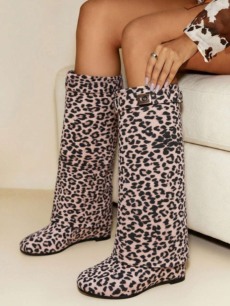 Daringsoles 女士时尚折叠厚底及膝鲨鱼扣性感户外高跟靴 - 黑色 - 查看 1