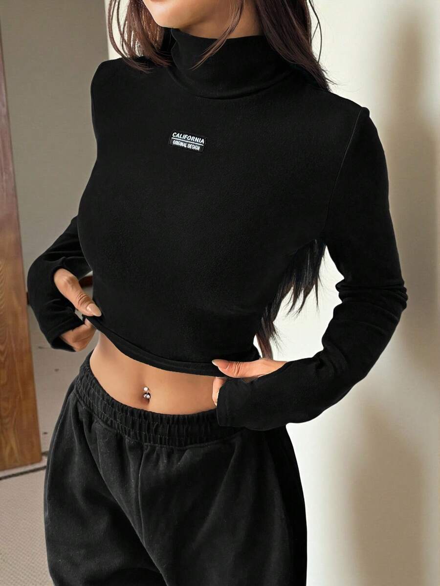 SHEIN EZwear 針織女士修身長袖t恤,印有字母圖案 - 黑色 - 查看 1