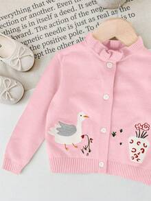 SHEIN LMoss Kids LMoss Cute Cartoon Print Long Sleeve Cardigan Sweater For Baby Girls, Autumn Winter - Pink - View 4