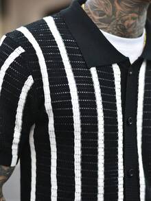 Devon Thys Men's Contrast Color Hollow Knit Cardigan, Fashionable For Summer, Fall - Black and White - View 4