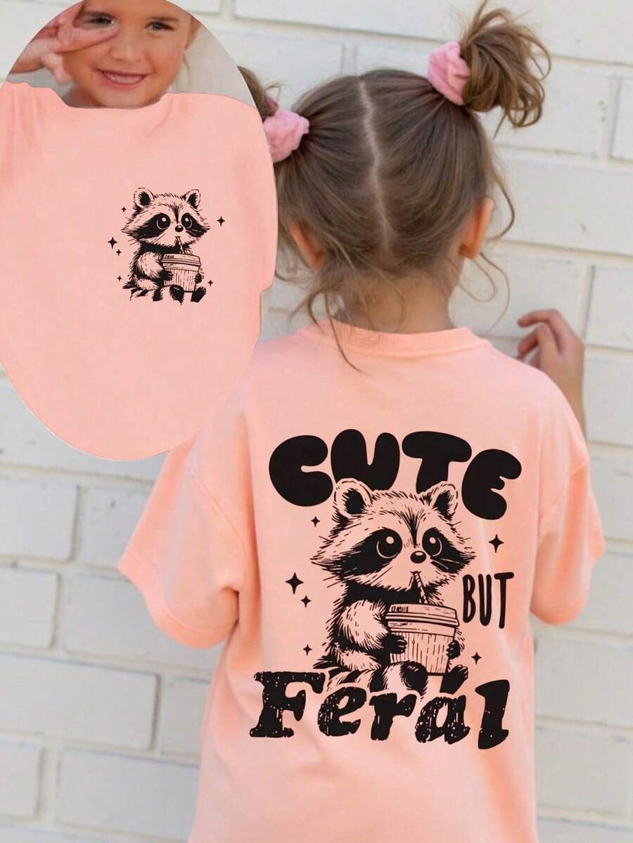 SHEIN 年轻女孩休闲时尚舒适简约“CUTE BUT FERAL”浣熊字母印花短袖 T 恤，春夏 - 粉色 - 查看 1