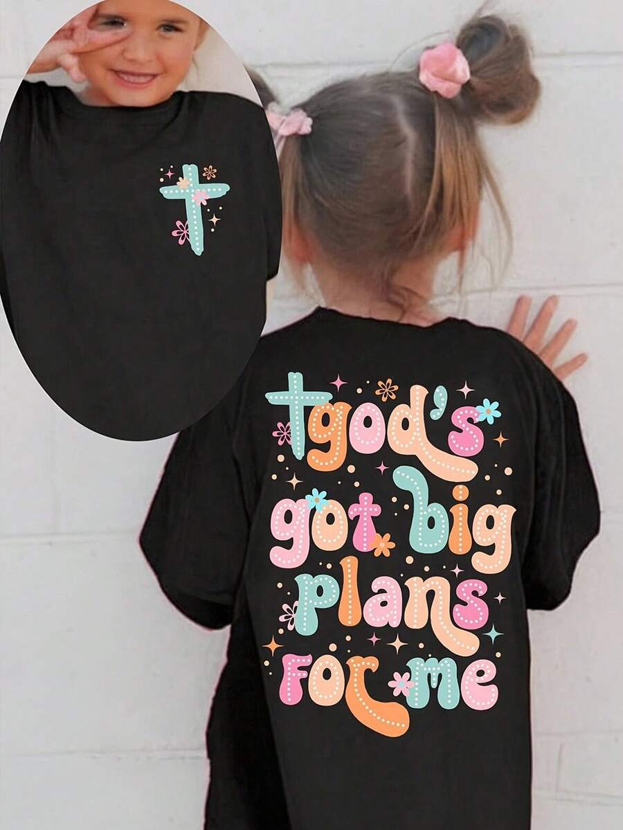 SHEIN 年轻女孩休闲舒适时尚简约潮流字母标语和花卉印花短袖 T 恤