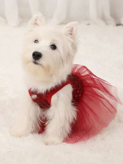 PETSIN Christmas Red Mesh Contrast Sequin Pet Dress