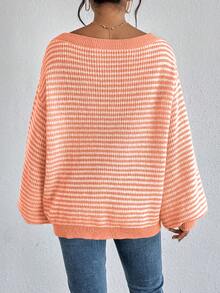 SHEIN VCAY Áo len chui đầu trễ vai kẻ sọc ngang dành cho nữ cỡ lớn, phong cách công sở thường ngày, đi nghỉ mát, đồng quê. - Màu Hồng  San hô - Xem 8