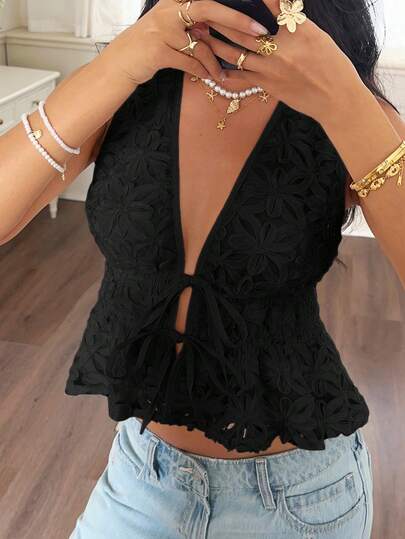 Serisse Top corto sin mangas con lazo y dobladillo con volantes de unicolor para mujer