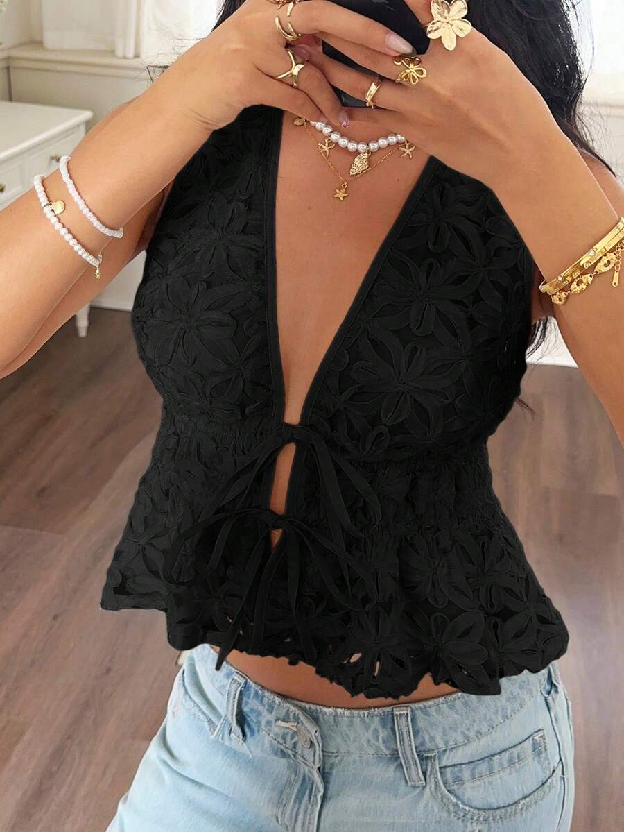 Serisse Áo crop top buộc dây không tay màu trơn có viền bèo nhún dành cho nữ - màu đen - Xem 1