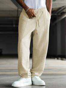 Manfinity Hypemode Quần thể thao nam màu trơn, cạp chun, dáng rộng, kiểu dáng thường ngày, có dây rút. - Màu Khaki - Xem 6