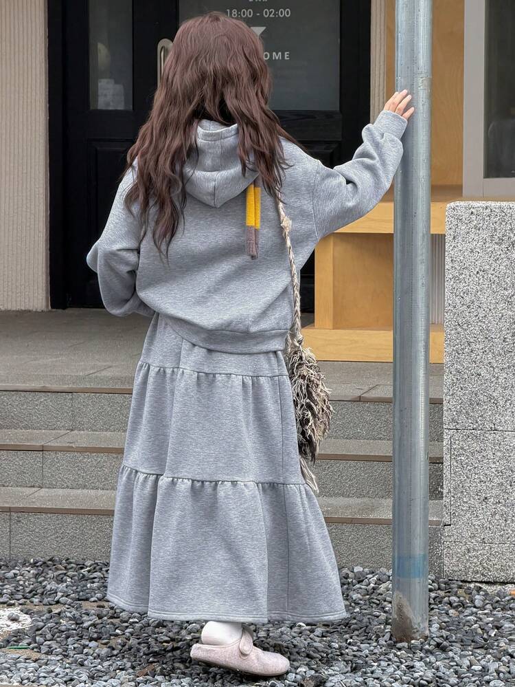 2pcs/Set Tween Girls Hooded Knit Fleece Sweatshirt And Skirt Outfit, Fall