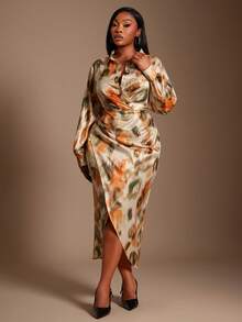 SHEIN SXY Váy sơ mi xẻ tà cao họa tiết tie-dye thời trang tối giản thường ngày cho nữ cỡ lớn - Nhiều màu - Xem 2