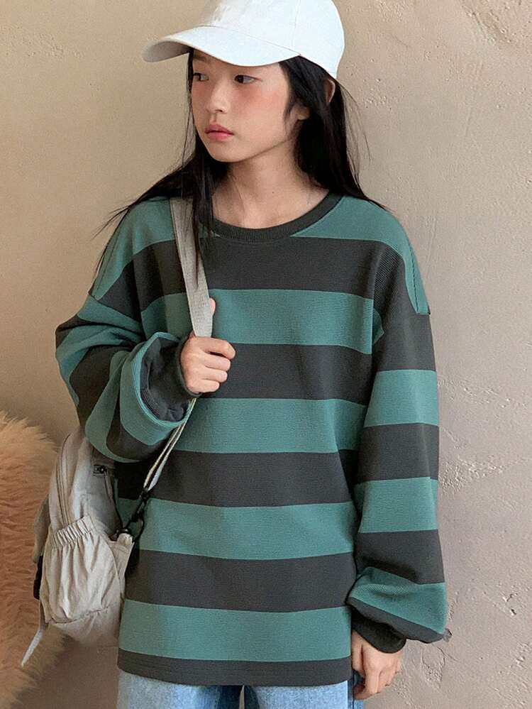 Tween Girls Crew Neck Striped Knit T-Shirt Long Sleeve Tops Girl